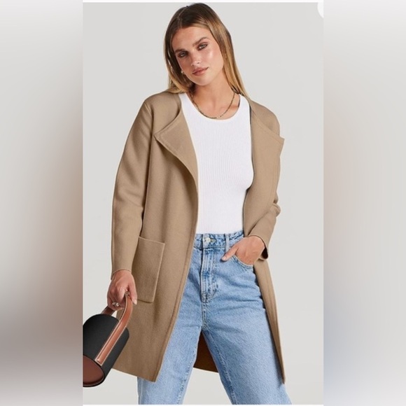 CARCILIA AMAZON Tan Woman Open classic casual pocket midi sweater cardigan M - Picture 1 of 13